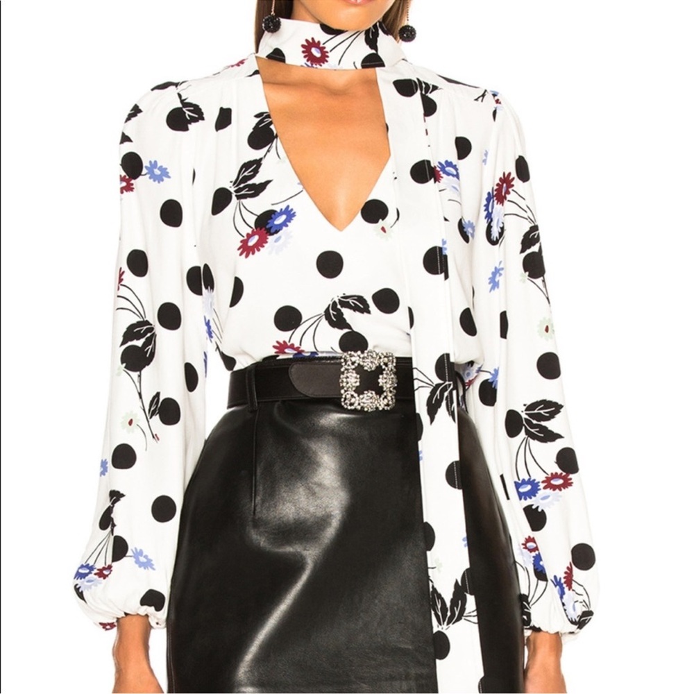 RIXO Black and White Floral Polka Dot Blouse